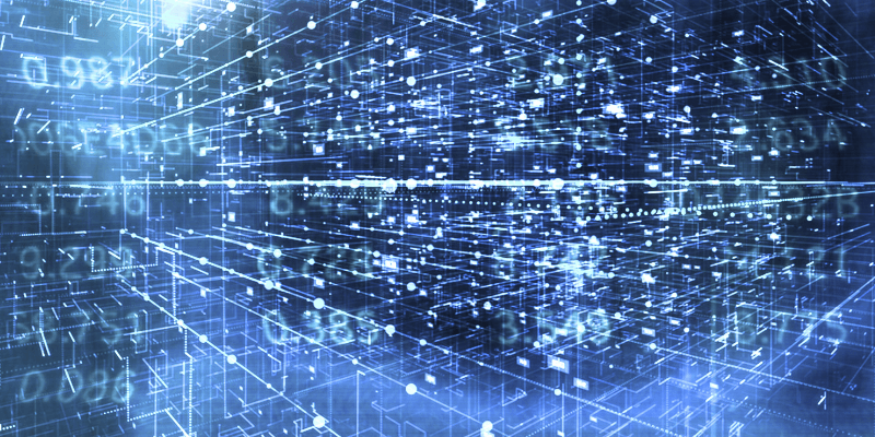 Blue software data moving across space