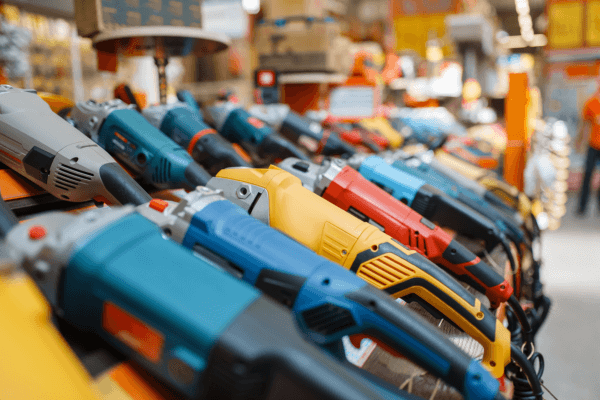 Tools lined up on a store shelf