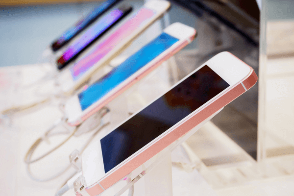 Phones lined up for sale, on display 