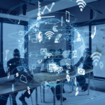 An office with a blue overlay, and a graphic of a globe with several application icons circling it.