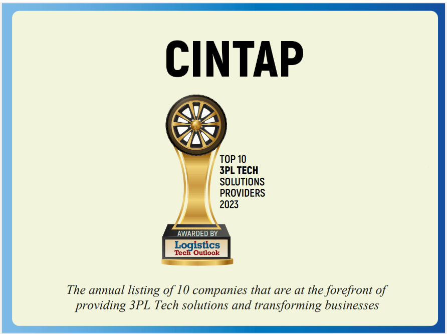CINTAP- Top 10 3PL Tech Solutions Providers 2023. The annual listing of 10 companies that are at the forefront of providing 3PL Tech solutions and transforming businesses. Image of the LTO Trophy.