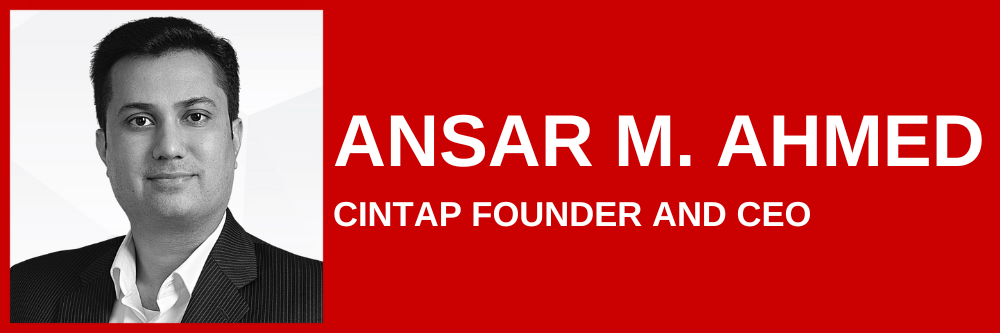 Headshot of Ansar M. Ahmed, CINTAP Founder and CEO. Framed in red. 