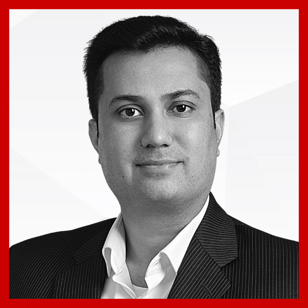 Headshot of Ansar M. Ahmed, CINTAP Founder and CEO. Framed in red.