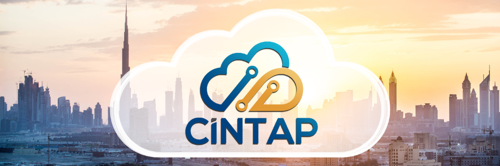 An image of a cloud and the CINTAP logo over the Dubai skyline at sunrise 